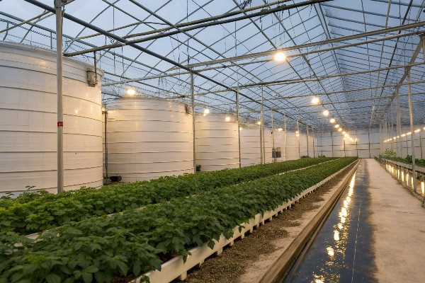 Interior view of greenhouse showing thermal mass water storage systems