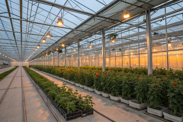 A modern hot climate greenhouse with crops thriving inside