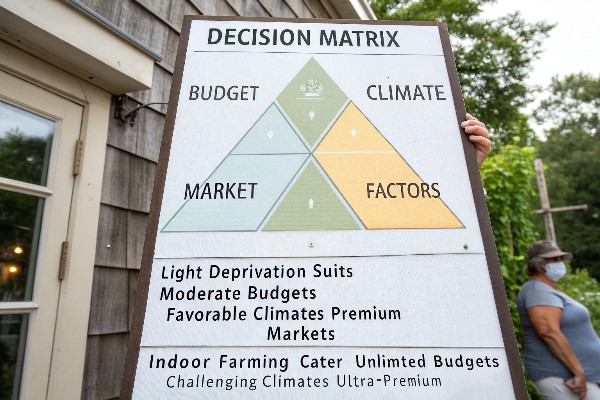 Decision matrix chart showing budget vs climate vs market factors