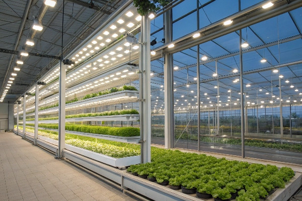 Indoor vertical farming facility with LED lighting arrays and climate control systems