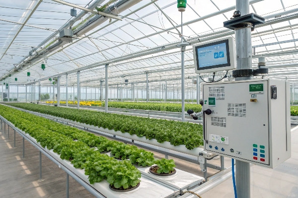 High-tech greenhouse interior showing automated systems, sensors, and computer controls
