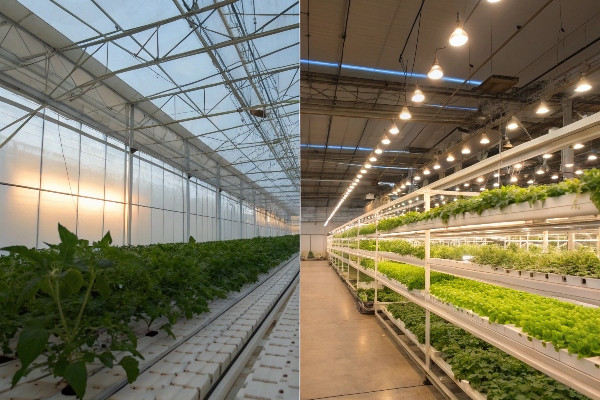 Light deprivation greenhouse with blackout curtains vs indoor vertical farming facility