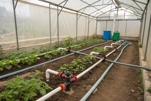 Manual pipe irrigation system in greenhouse