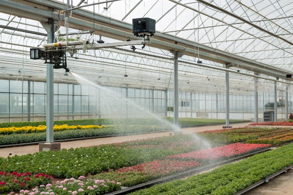 Mobile overhead sprinkler system in large greenhouse