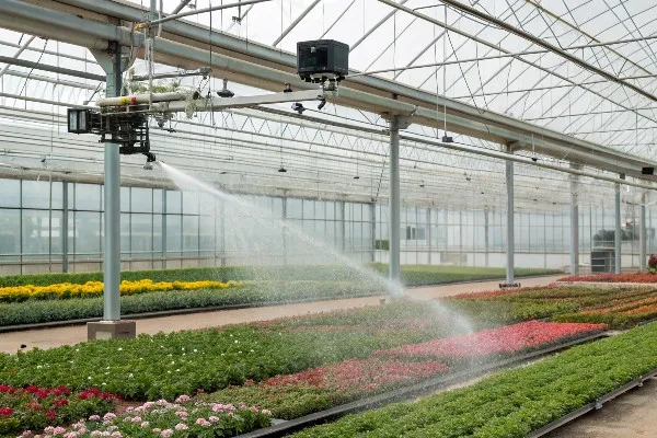 Mobile overhead sprinkler system in large greenhouse