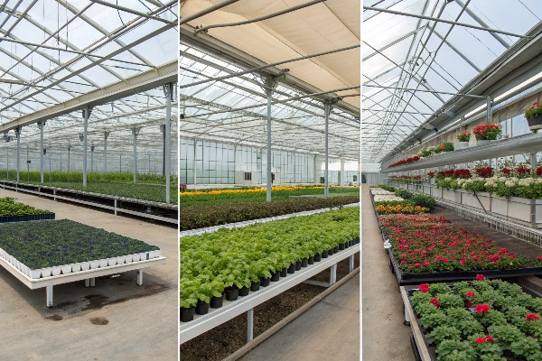Three different greenhouse interiors showing nursery benches, vegetable growing systems, and floriculture displays