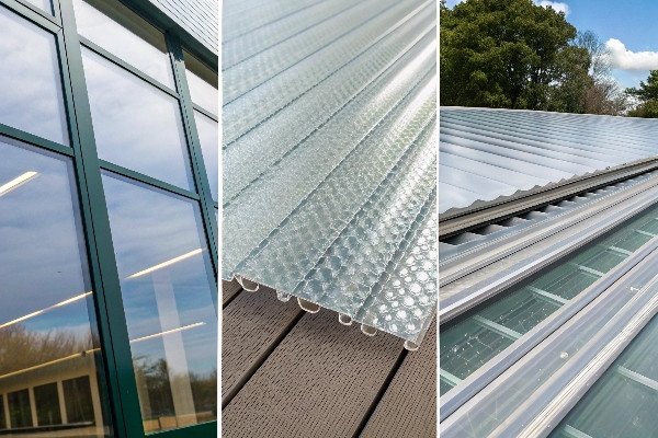 Close-up of different greenhouse materials: PC sheet, glass, and aluminum curtain