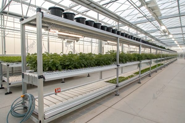 Commercial greenhouse bench showing advanced features and integration
