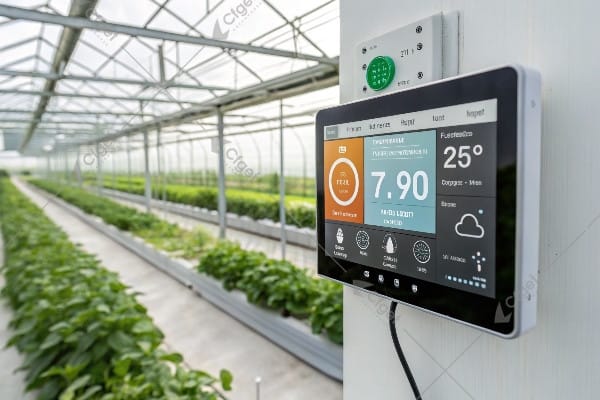 Automated climate control dashboard showing real-time greenhouse data
