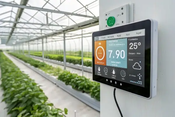 Automated climate control dashboard showing real-time greenhouse data