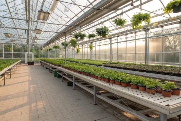 Efficient greenhouse bench layout diagram showing optimal spacing