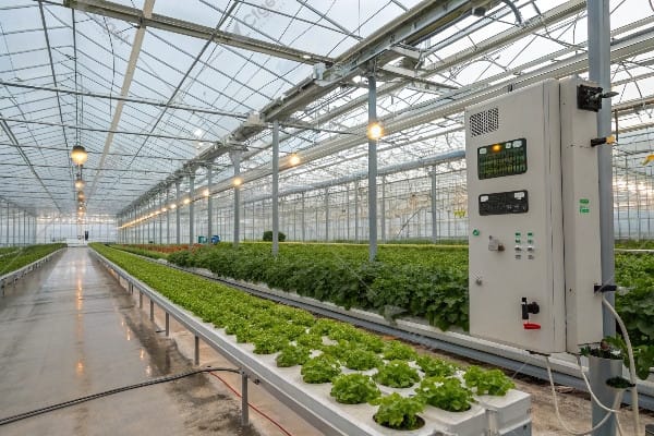 Rolling greenhouse bench system showing space-saving configuration