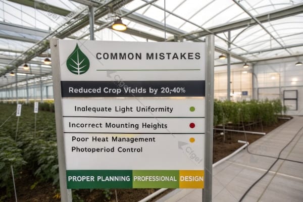 Greenhouse lighting layout diagram showing common mistakes