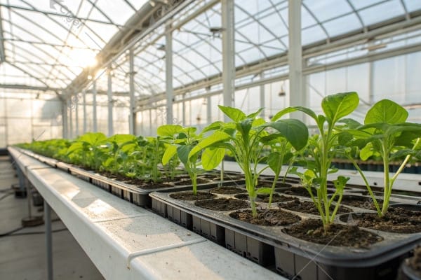 Healthy transplanted seedlings in main production greenhouse