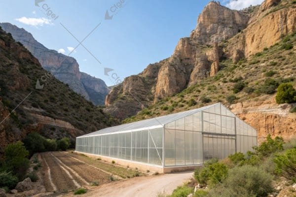 High-altitude polycarbonate greenhouse in mountainous terrain