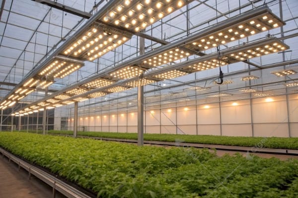 LED grow lights illuminating greenhouse crops