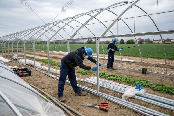 CFGET installation team working on greenhouse construction