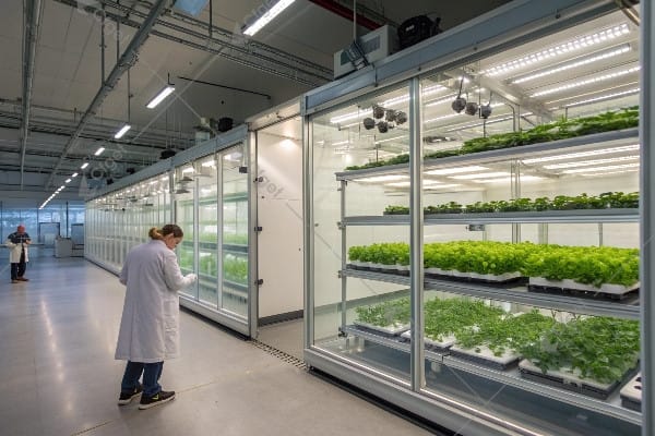 Research facility with controlled aeroponic growing chambers