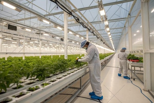 Clean room style greenhouse with medicinal plants