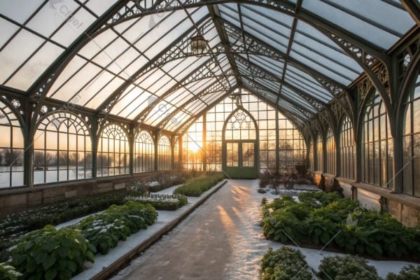 Gothic greenhouse capturing low winter sunlight effectively