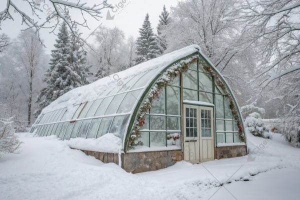 Gothic arch greenhouse covered in heavy snow but standing strong