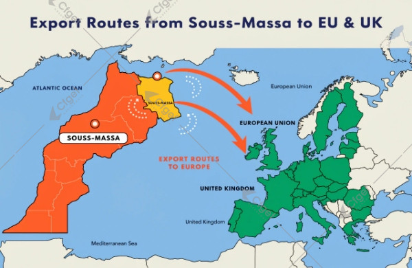 Morocco Souss-Massa tomato export map highlighting EU and UK routes Morocco Souss-Massa tomato export map EU UK