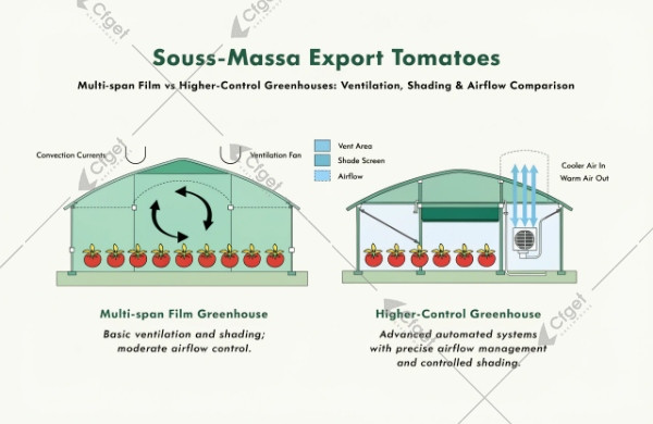 Greenhouse type comparison for Souss-Massa export tomatoes: ventilation, shade, airflow Souss-Massa greenhouse type for export tomatoes comparison