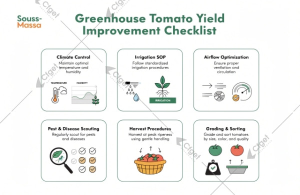 Souss-Massa tomato greenhouse yield improvement checklist: climate, irrigation SOP, airflow, scouting, harvest and grading Souss-Massa tomato greenhouse yield improvement checklist