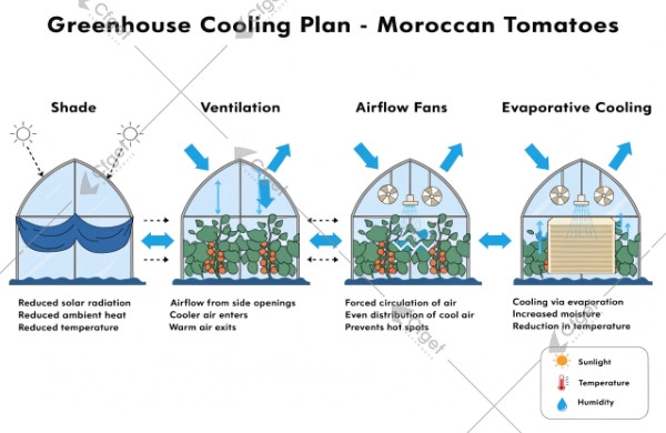 Staged greenhouse cooling plan for Morocco tomatoes: shade, ventilation, airflow fans, optional evaporative cooling staged greenhouse cooling plan for Morocco tomatoes