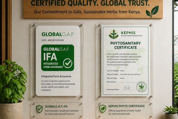 GLOBALGAP IFA and KEPHIS phytosanitary certificate for Kenya basil export GLOBALGAP IFA and KEPHIS phytosanitary for Kenya basil export