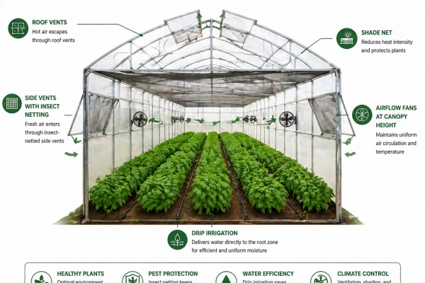 Basil greenhouse design Kenya export: airflow fans, insect netting, shade, drip irrigation Basil greenhouse design airflow netting shade Kenya export