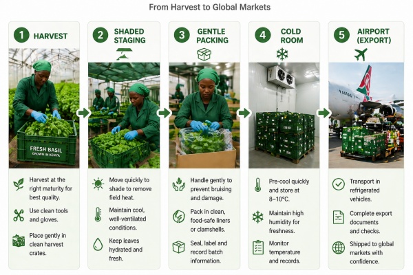 Kenya basil postharvest cold chain workflow: harvest shade packing cold room airport Kenya basil postharvest cold chain workflow