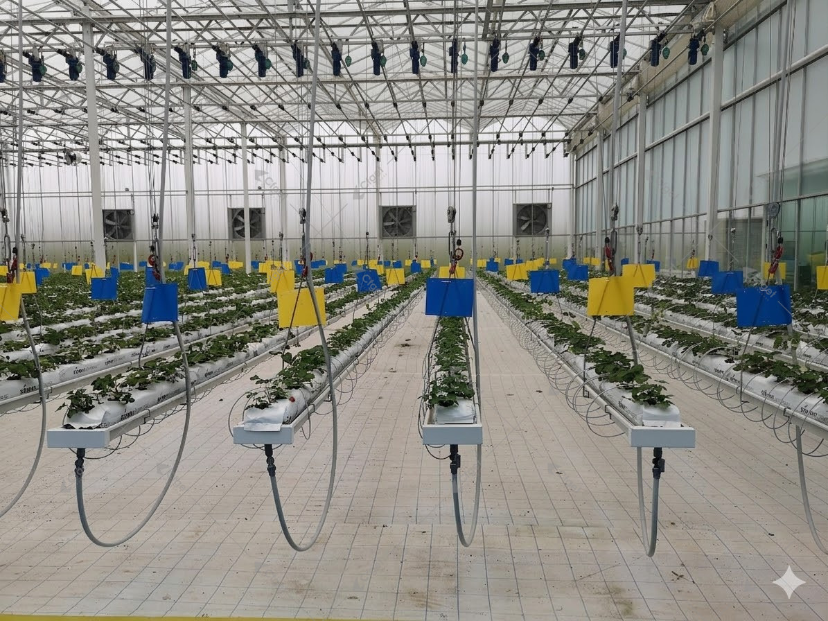 Commercial greenhouse interior with irrigation lines, crop rows and circulation equipment