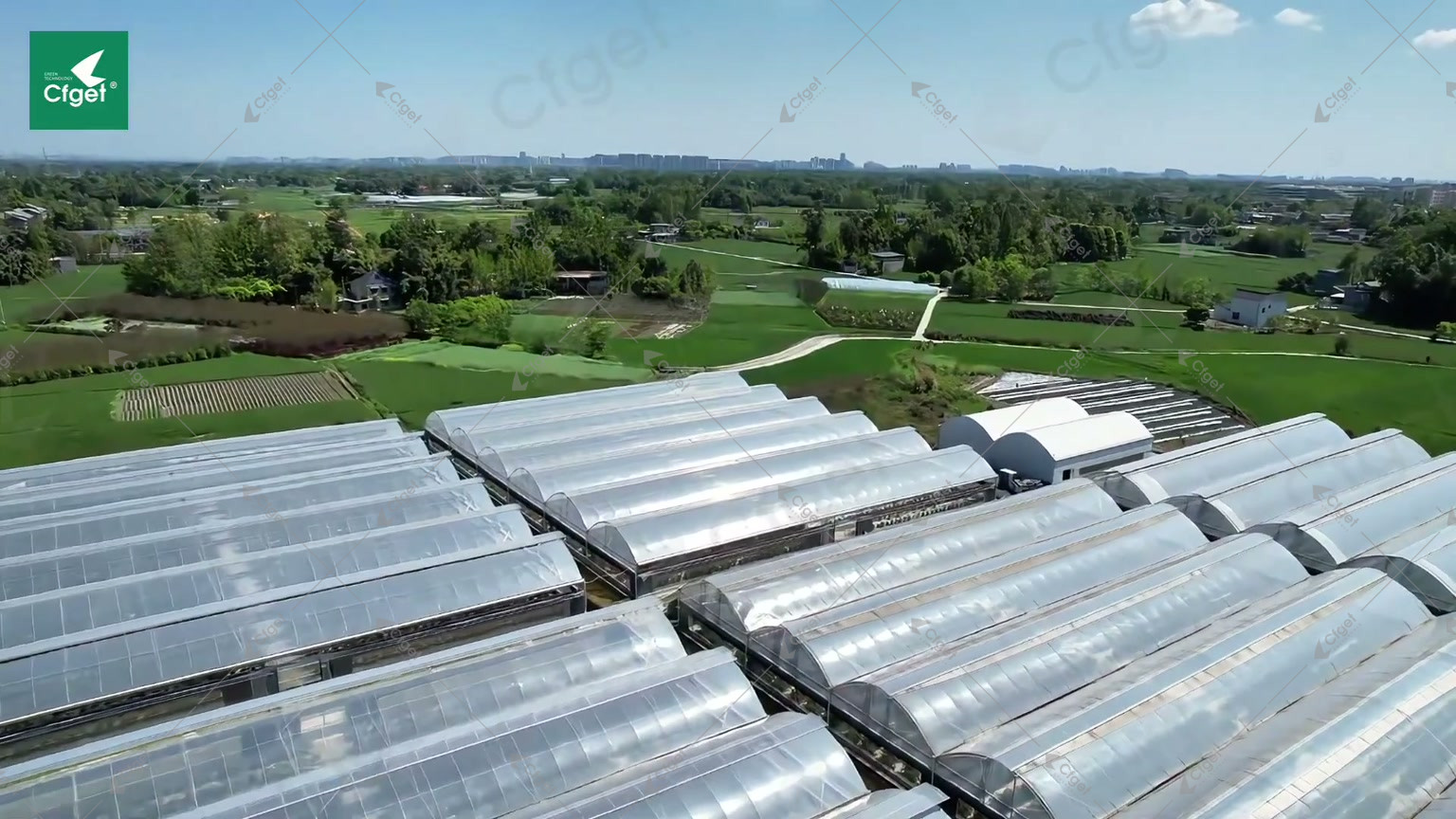 Aerial view of multiple greenhouse structures at the CFGET farm in Chengdu for blueberry greenhouse investment