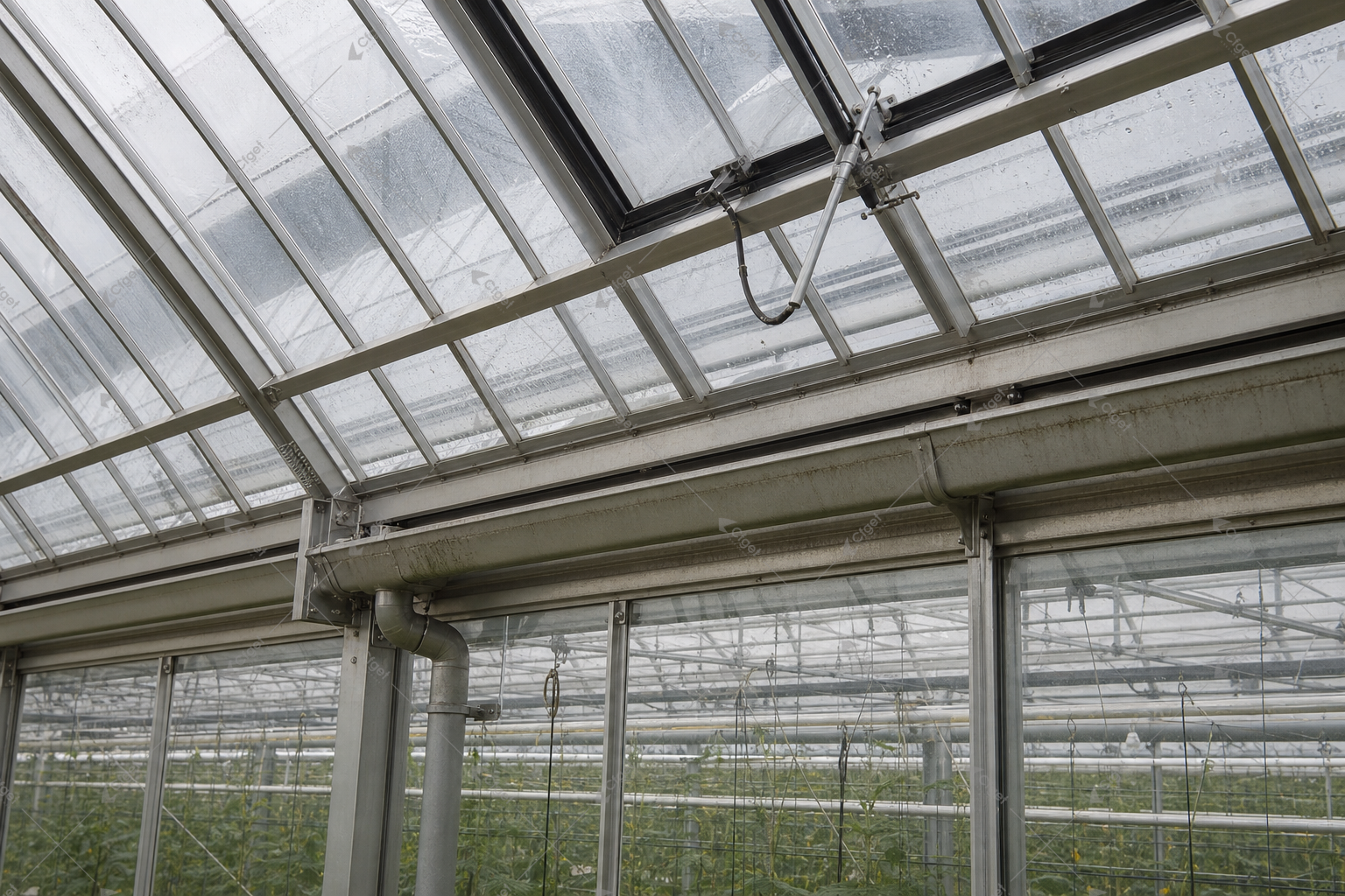 Glazing bars, gaskets, vents, gutters, drainage, and replacement access determine the installed result. roof to gutter section inside a commercial diffuse glass greenhouse