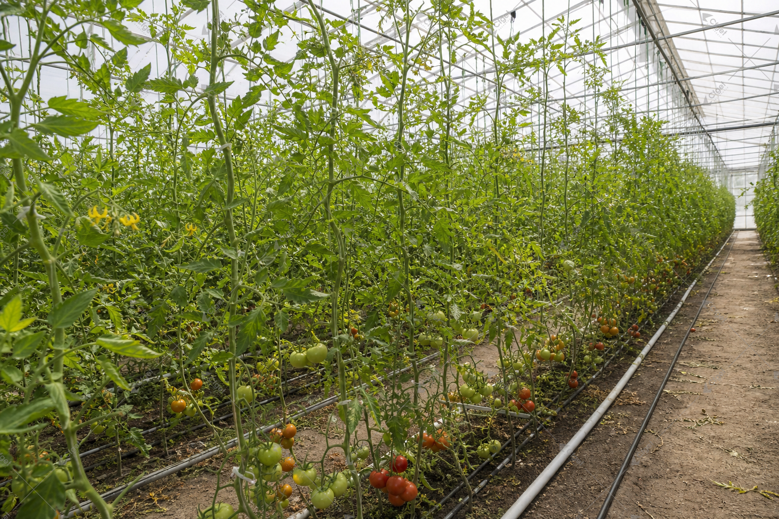 Crop density, row orientation, pruning, and screens affect whether diffuse light reaches useful leaf area. tomato rows with daylight reaching the middle and lower canopy under diffuse greenhouse glass