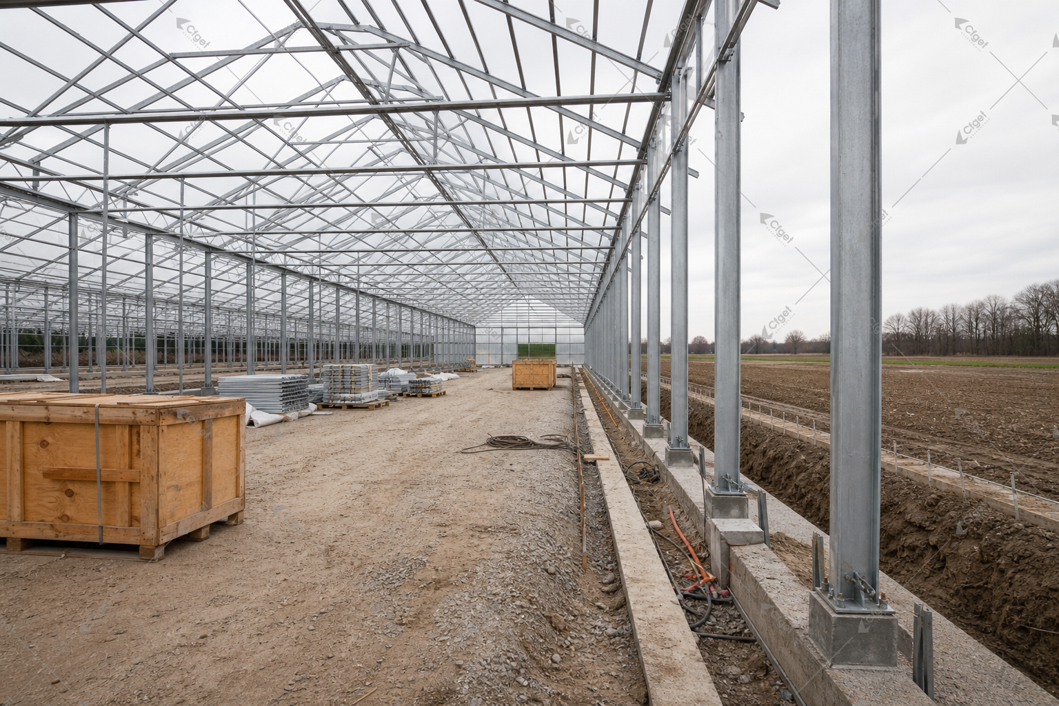 Foundation work, utilities, equipment, freight, and commissioning belong in the capital base used for payback. galvanized greenhouse frame and unfinished foundation scope before equipment installation