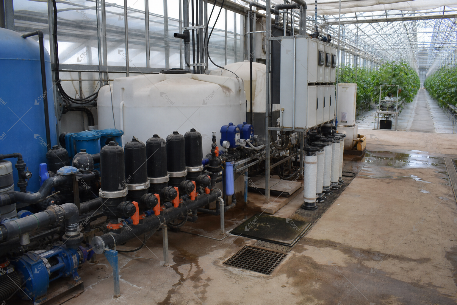 Labor, energy, water treatment, repairs, and replacement equipment belong in the operating model. greenhouse fertigation and utility service area with pumps filters and maintenance access