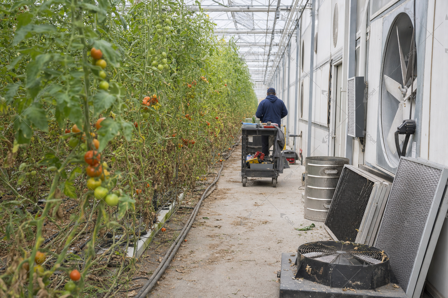 A downside case should allow for maintenance, crop interruption, replacement parts, and slower production ramp-up. routine maintenance inside a working commercial tomato greenhouse