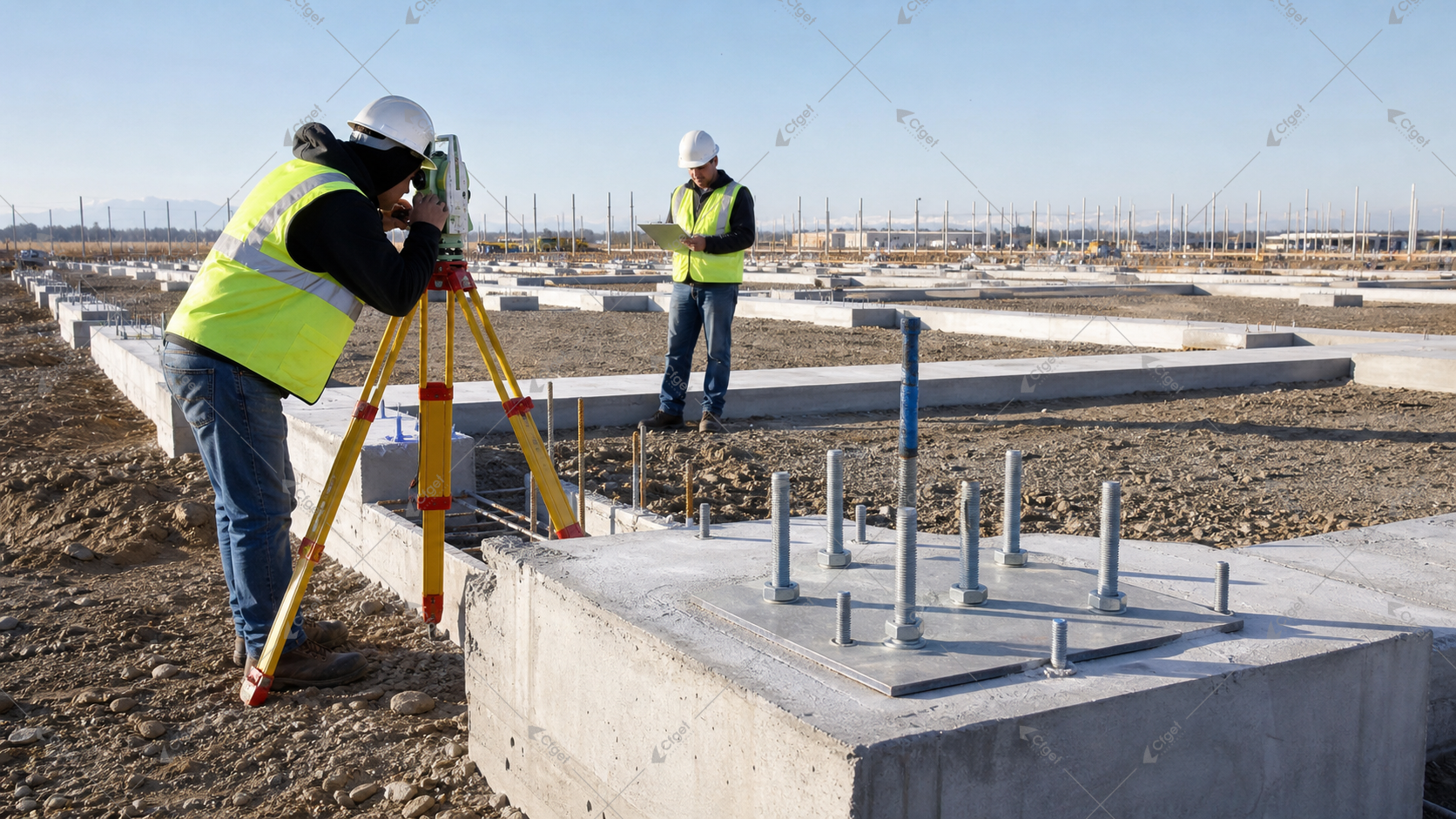Foundation acceptance should verify the survey grid, concrete level, anchor position, and the structural reactions used for design. Surveyor checking greenhouse foundation levels and anchor bolts before steel erection