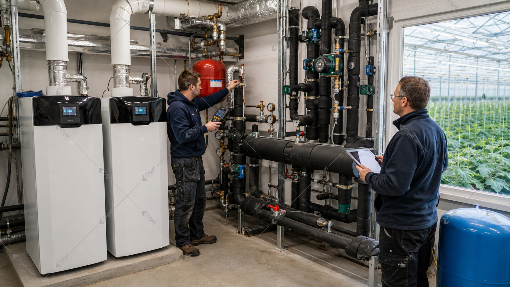 Technicians commissioning staged boilers and hydronic distribution for a commercial greenhouse for greenhouse boiler sizing