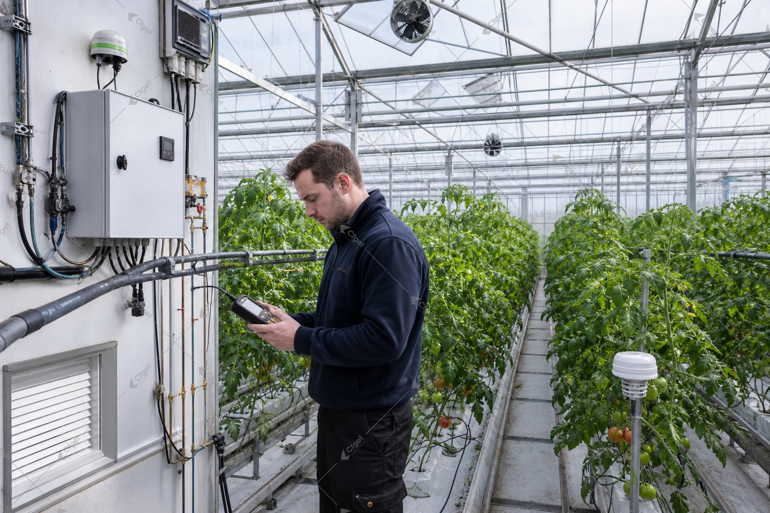 Technician checking greenhouse CO2 dosing controls and gas monitoring equipment for greenhouse CO2 enrichment safety