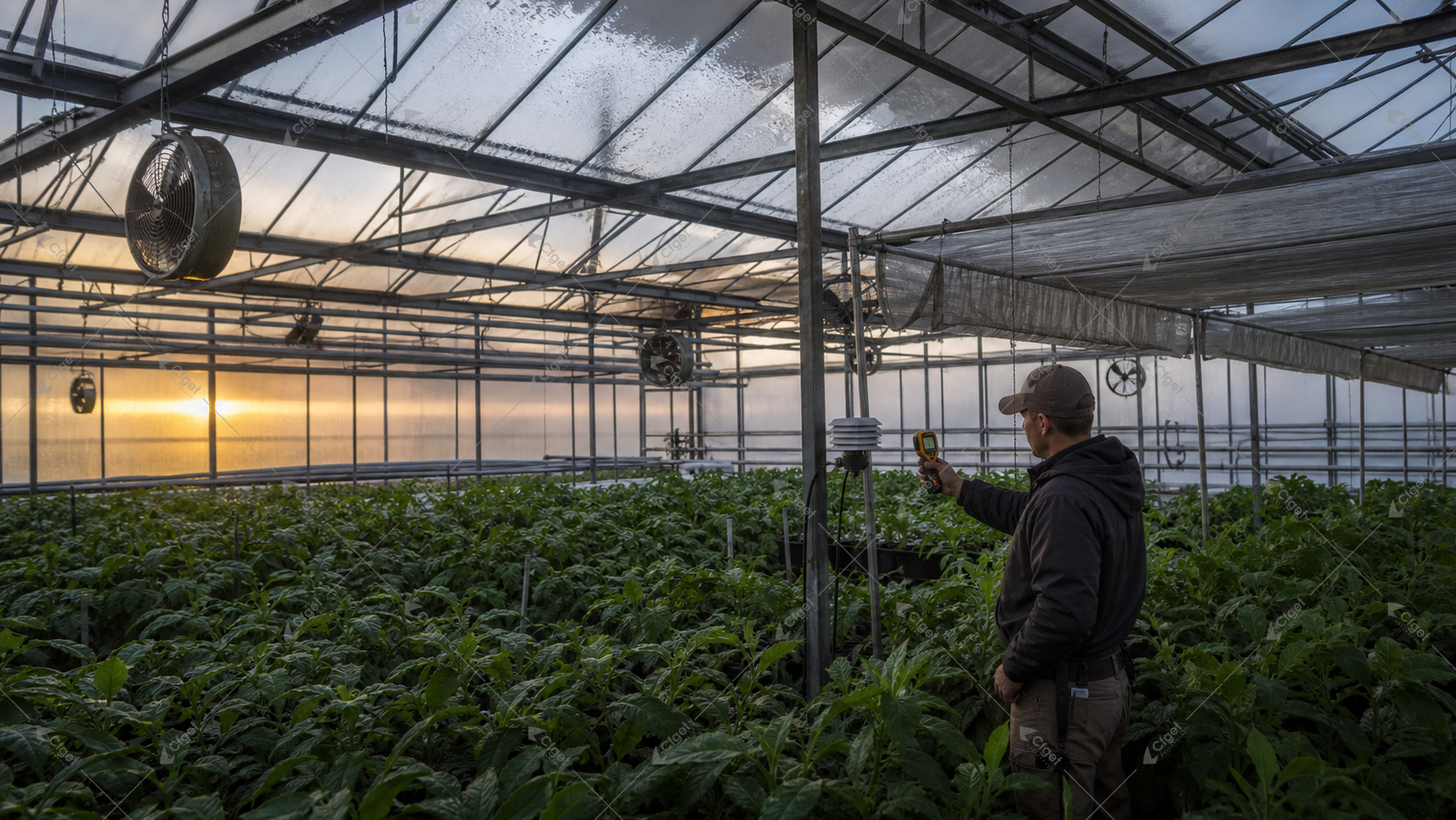 Condensation control starts by comparing dew point with vulnerable crop and building-surface temperatures during real weather transitions. Technician checking greenhouse condensation and crop-zone climate conditions at dawn