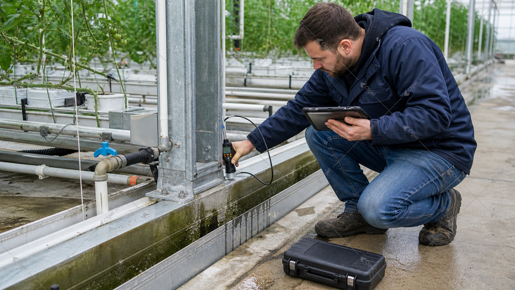 Technician inspecting corrosion protection on a galvanized greenhouse column base for greenhouse corrosion protection