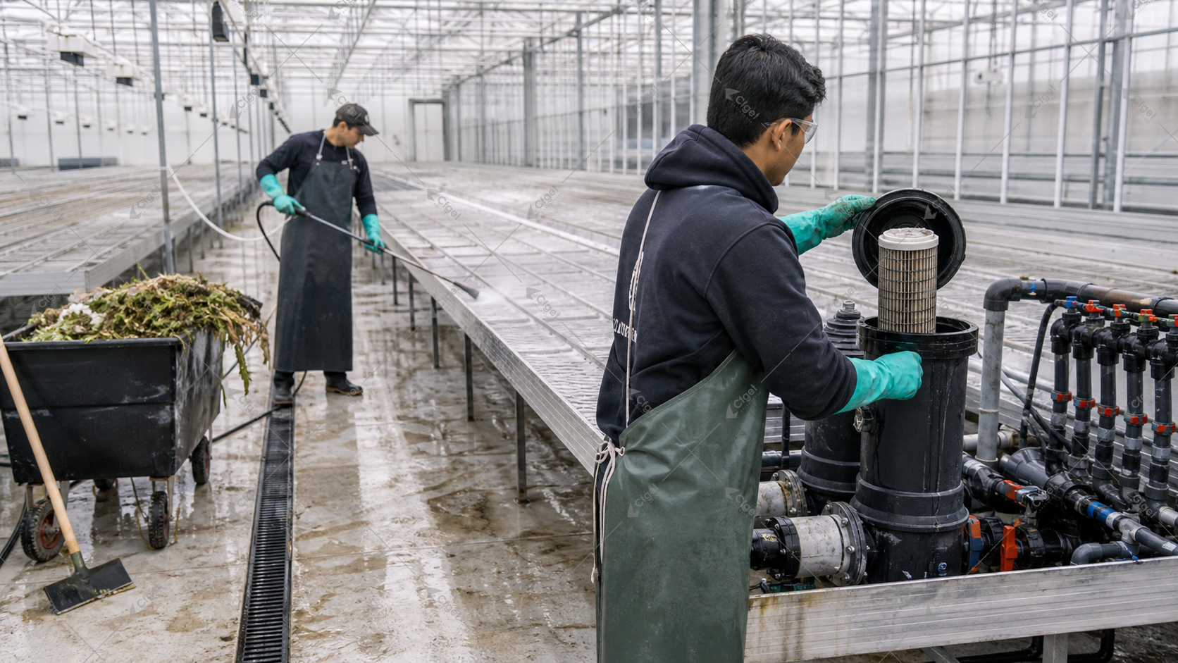 A crop changeover should separate crop removal, physical cleaning, irrigation-system sanitation, verification, and release for planting. Greenhouse crew cleaning an empty crop bay and inspecting the irrigation filter during changeover