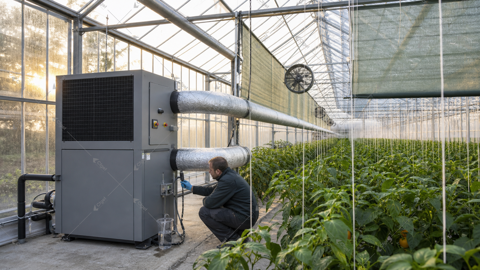 Commercial greenhouse dehumidification unit with crop-zone ducts and condensate drainage for greenhouse dehumidification system