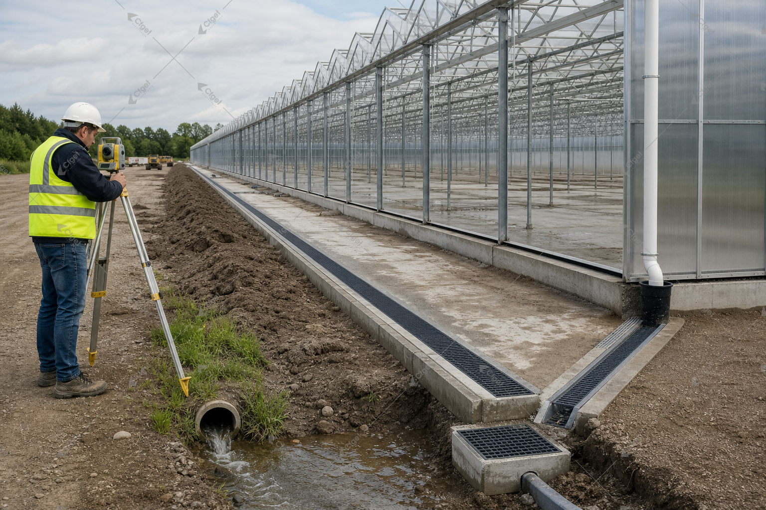 Commercial greenhouse floor drains, perimeter channels, and stormwater outlet for greenhouse drainage design