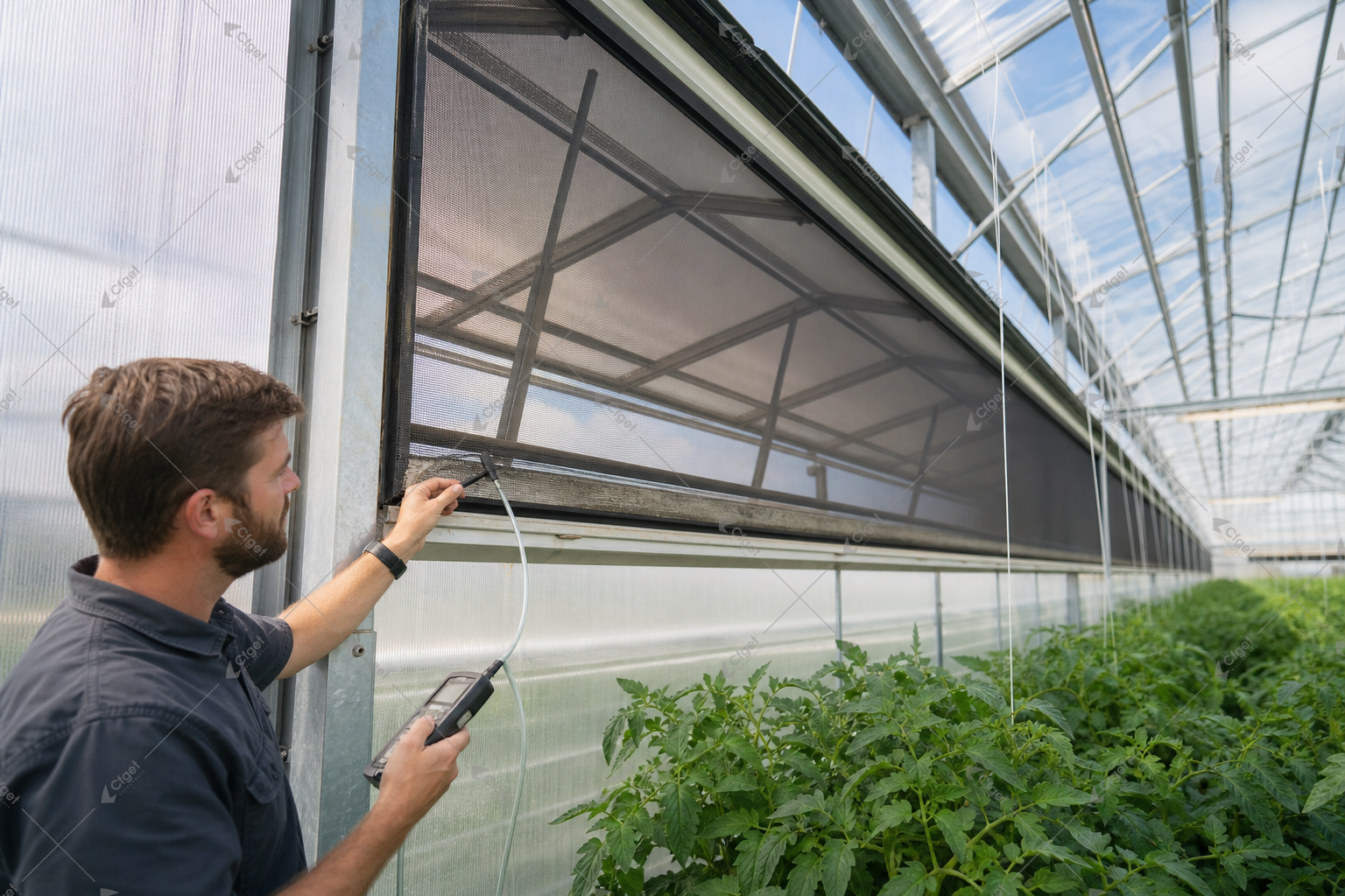 Engineer measuring airflow across a greenhouse insect screen and ventilation opening for greenhouse insect screen ventilation