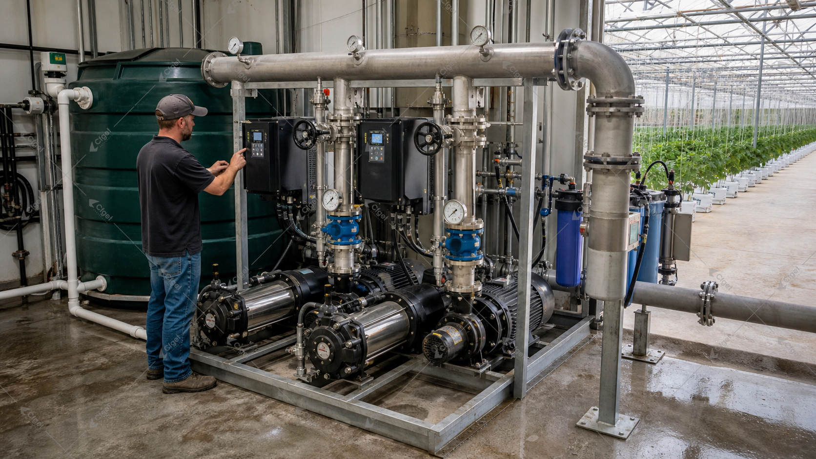 Technician testing parallel duty and standby pumps in a greenhouse irrigation station for greenhouse irrigation pump redundancy