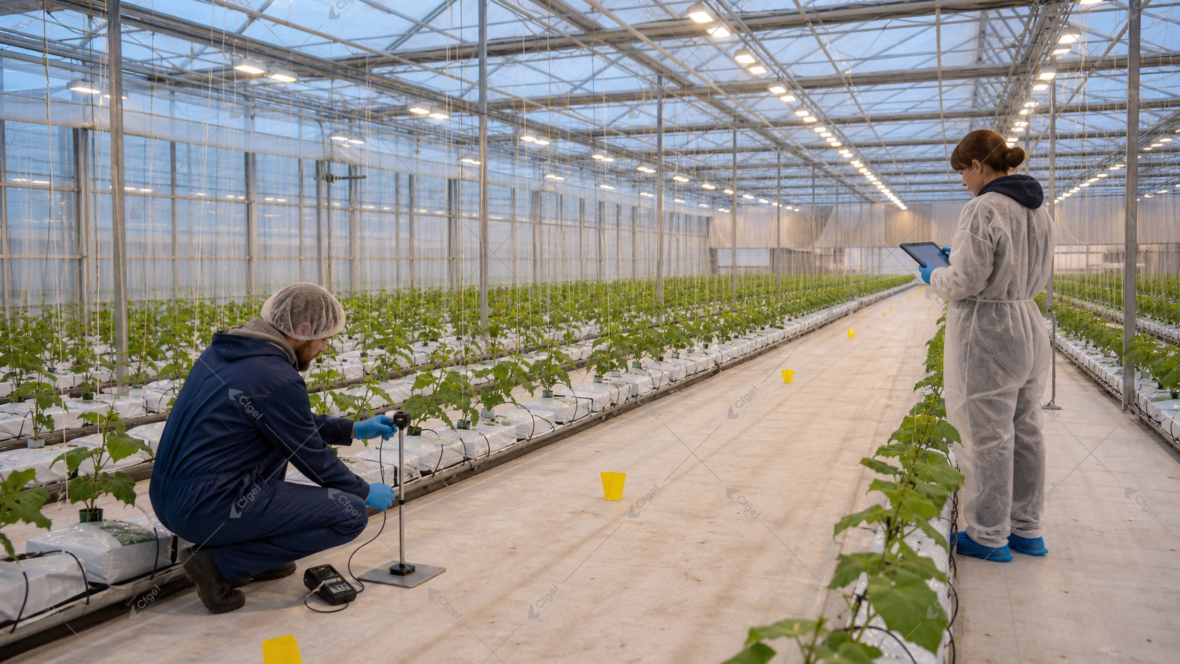 Technicians mapping greenhouse PPFD at crop height beneath supplemental LED fixtures